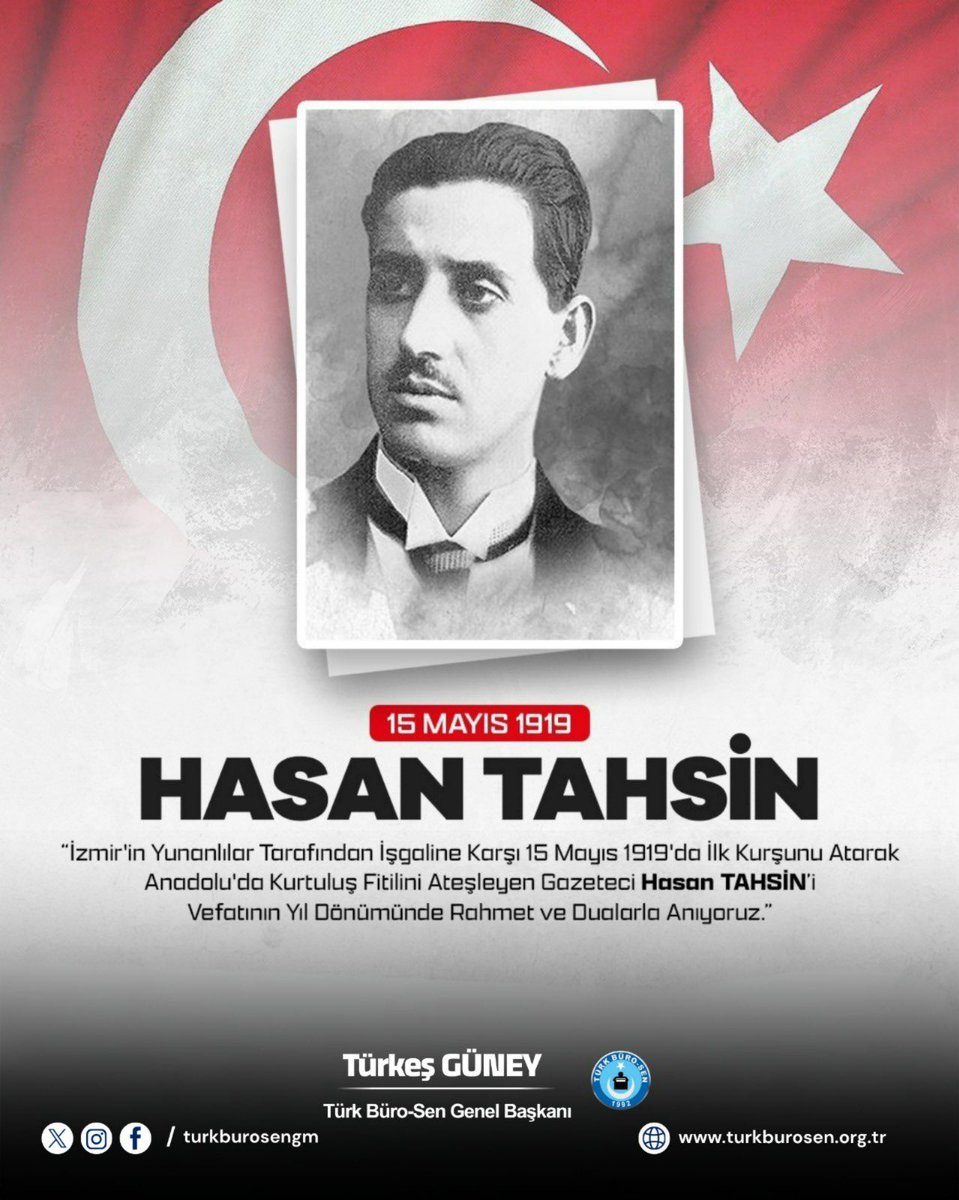TurkesGuney's tweet photo. 📌 İzmir’in işgaline karşı attığı ilk kurşunla Türk Milletinin bağımsızlık iradesini tarihe kazıyan gazeteci Hasan Tahsin’i, şehadetinin yıl dönümünde rahmet, minnet ve saygıyla anıyoruz. Hasan Tahsin; esarete boyun eğmeyen bir milletin cesaretini, vatan sevgisini ve istiklal kararlılığını temsil eden kutlu bir semboldür. Onun yaktığı direniş meşalesi, Milli Mücadele ruhunun en güçlü nişanelerinden biri olarak bugün de yolumuzu aydınlatmaktadır. Ruhu şad, mekanı cennet olsun.