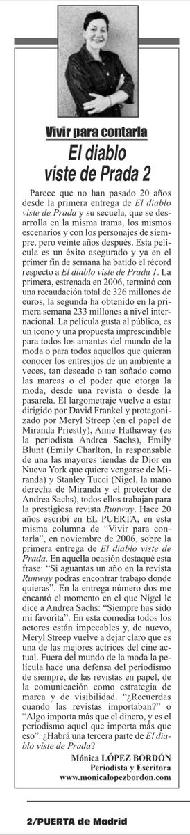 MonicaLBordon's tweet photo. Mi columna de esta semana del periódico Puerta de Madrid se titula "El diablo viste de Prada 2" #MerylStreep #annehathway #cine
https://t.co/bf68IZPMza https://t.co/px075Bo5oR