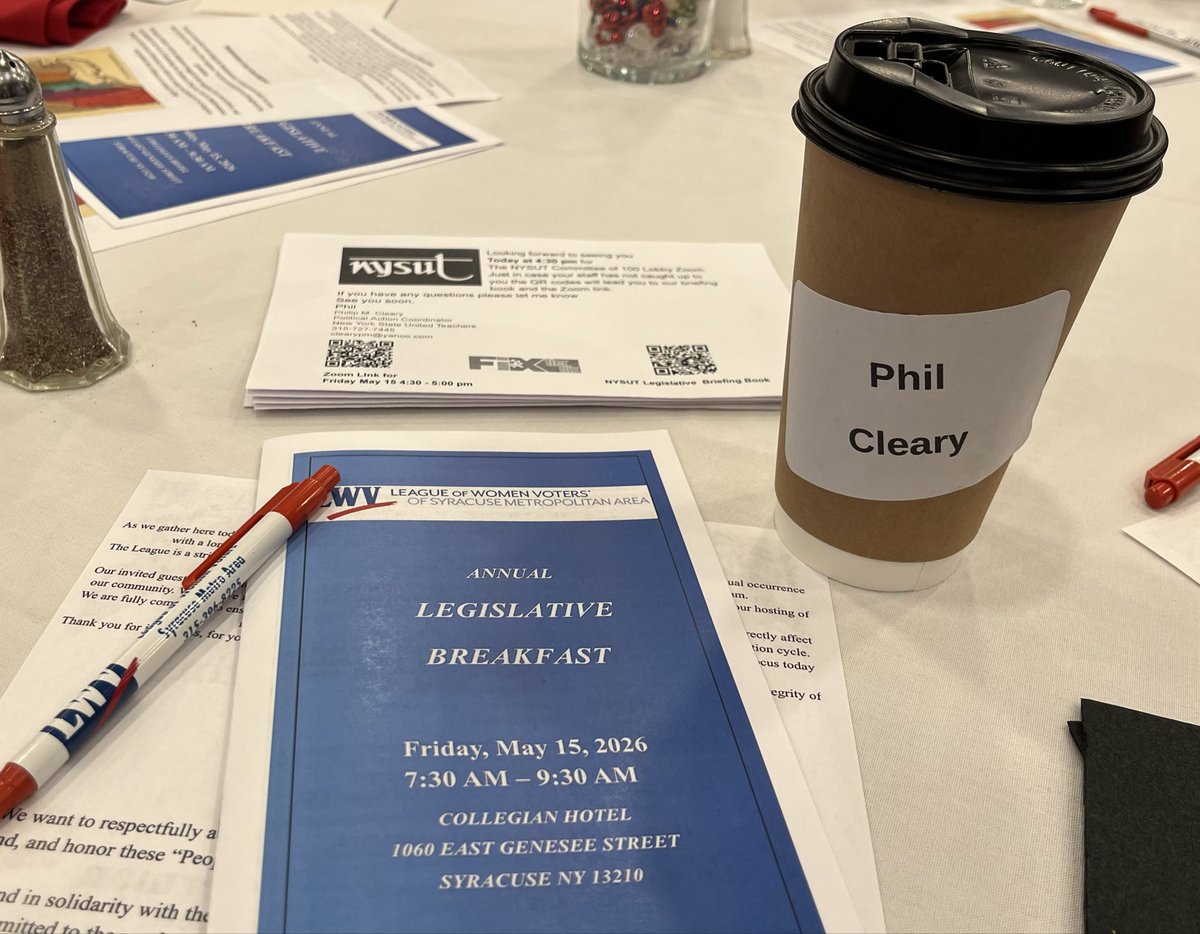 clearypm's tweet photo. An early morning well spent @LWV annual legislative breakfast with @StirpeAl @PamelaHunter128 @BillMagnarelli @RachelMayNY @chrisryanSD50  .  Spirited conversation and encouragement to participate in every election! #FixTier6 @nysut @MelindaJPerson @NYSAFLCIO https://t.co/XQkxoUxAFJ