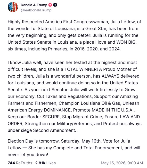 John_Walton_'s tweet photo. A final push from President Trump to get @jbletlow elected. Saturday is election day! @TeamLetlow  #lasen #lagov #Louisiana #YLEH @LAFirstNews https://t.co/1lhGOYNRSA