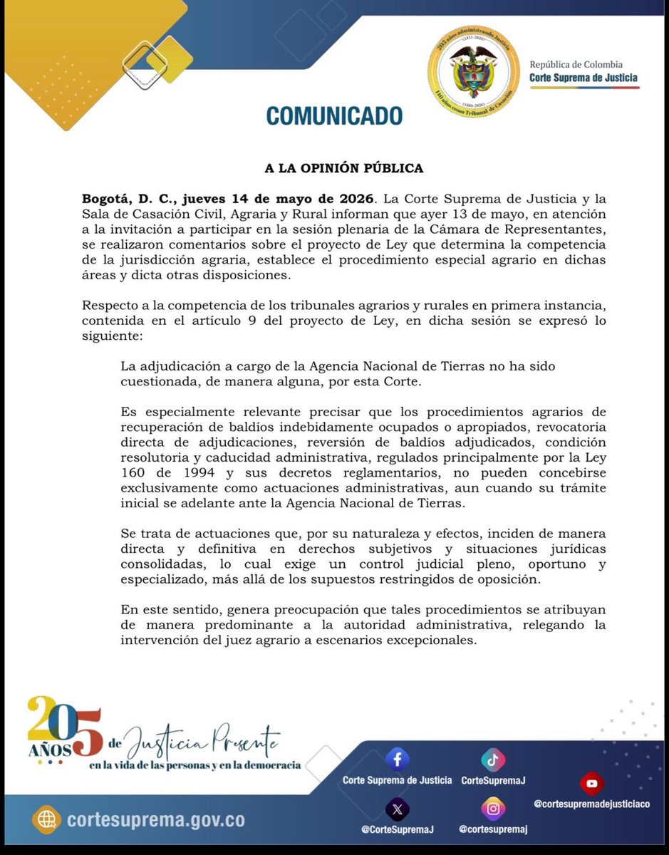 juangobotero's tweet photo. Fundamental este pronunciamiento de la @CorteSupremaJ frente a la Jurisdicción Agraria.  Armonizar y respetar competencias de esta y del @consejodeestado en procesos agrarios y evitar procesos que pueden causar problemas al propietario ante la acción del ejecutivo es prioridad.
Por su parte @petrogustavo llama a una  confrontación con sectores campesinos muy peligrosa! Buscando estados excepcionales? 
Ojo!