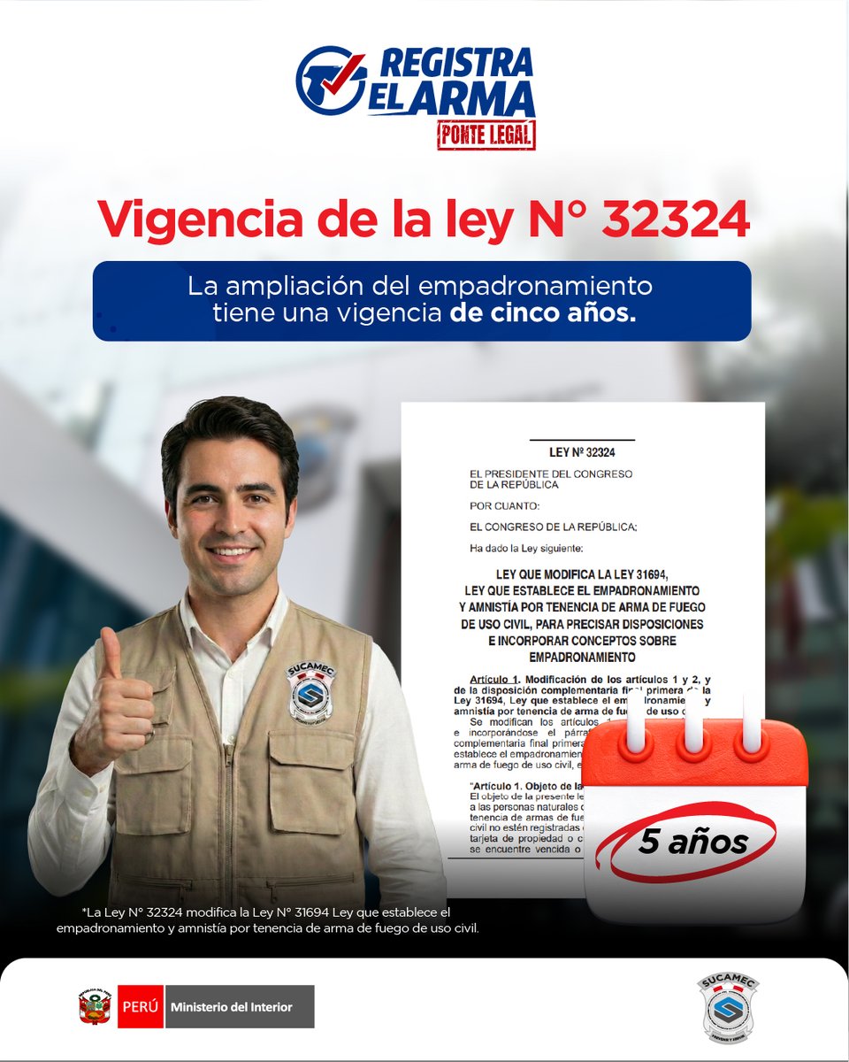 SucamecPeru's tweet photo. #RegistraElArma | La Ley N.° 32324 amplía por cinco años la vigencia del empadronamiento y amnistía para la tenencia de armas de fuego de uso civil.

🛑 Regulariza tu situación y ponte al día dentro del marco legal.

#PonteLegal https://t.co/B8joSYUAlc