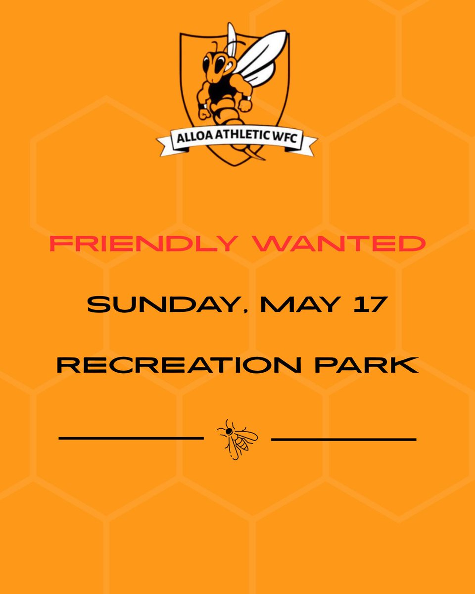 AlloaAthWFC's tweet photo. ⚽️ FRIENDLY WANTED ⚽️

A late forfeit from Sunday’s opponents means we have availability for a friendly this Sunday (May 17). 

🏟️ Recreation Park, Alloa
🕑 2pm KO

Please can available teams let us know if you’re keen. https://t.co/r6uazuSh18
