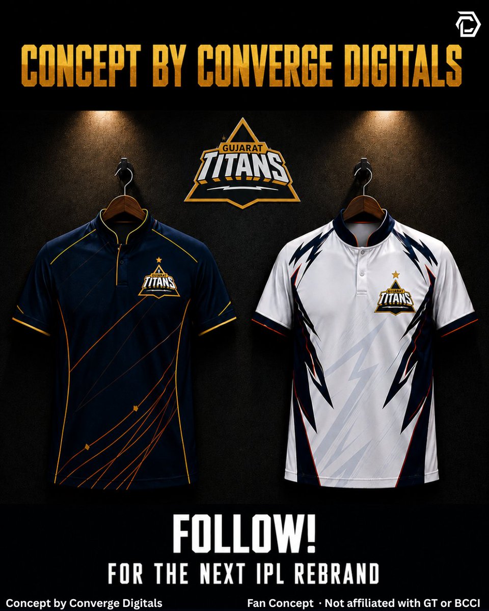 ConvergeDigit's tweet photo. Gujarat Titans never needed the noise. 
2022 — Champions. 
2023 — One ball away. 
2026 — This kit.
We redesigned GT the way they play. 
Quietly. Completely.   
Full carousel on Instagram → Link in bio  
#GujaratTitans #IPL #AavaDe #ConceptKit
#BrandStrategy https://t.co/UPCQ1J6rX3