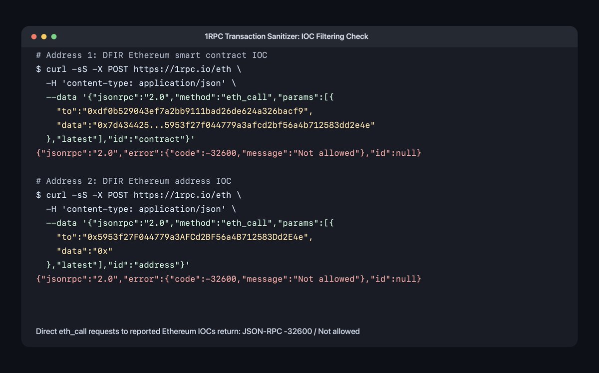 1rpc_'s tweet photo. Thanks @TheDFIRReport for flagging this EtherRAT/TukTuk on-chain C2 activity. 

Our Transaction Sanitizer now filters out the reported Ethereum addresses, and we’ll continue adding protections as more C2 wallets/contracts are discovered and shared. Grateful for collaboration across the security community. 

cc @tayvano_