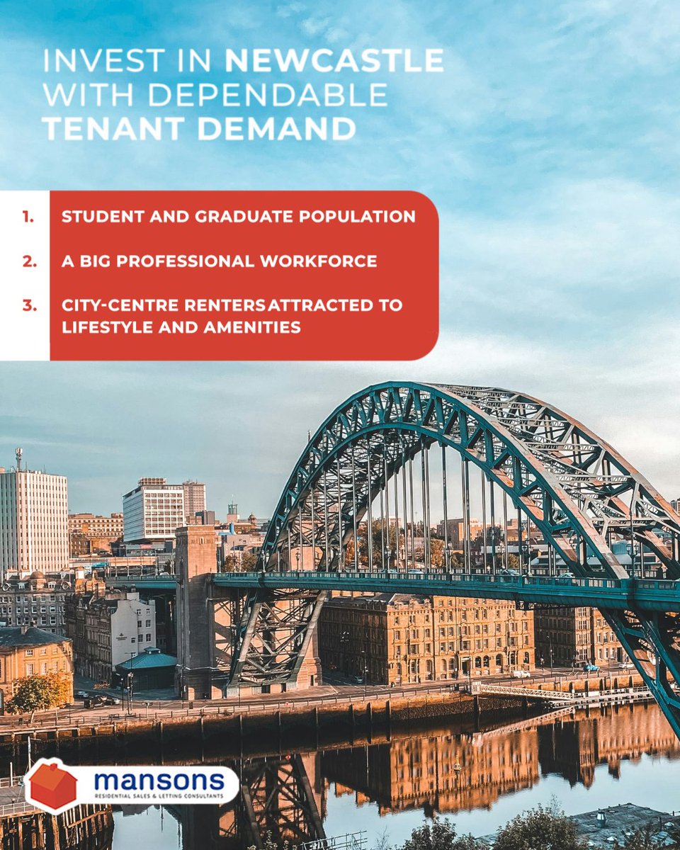 mansonsproperty's tweet photo. Invest in Newcastle 🏡
🎓 Strong student demand
📈 Growing workforce
✨ City-centre appeal
Thinking about investing or expanding your portfolio in the North East? Let’s have a chat.
#Mansons #PropertyInvestment https://t.co/g59dAEubji