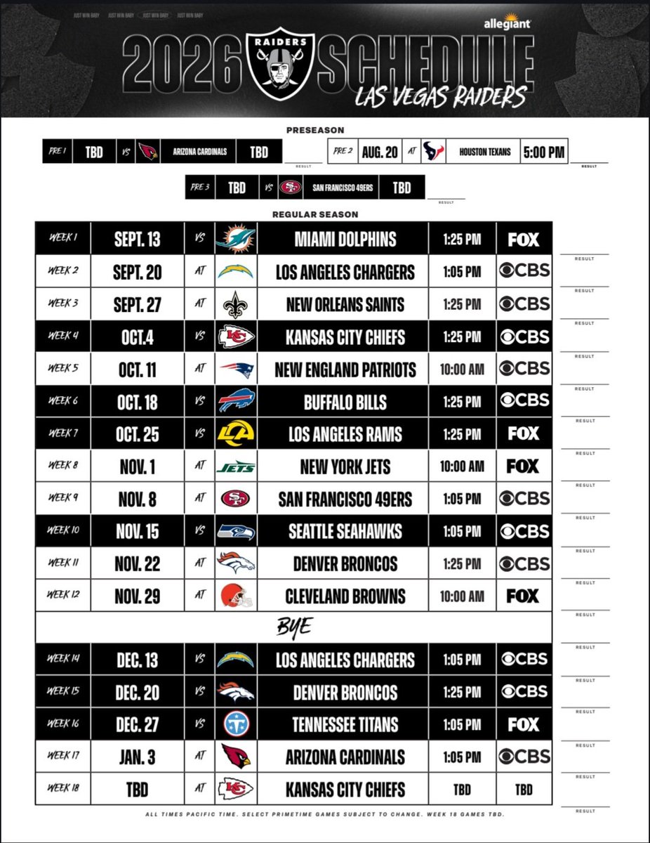 VegasRookie's tweet photo. The Raiders 2026 season schedule has been released. Plan for busier weekends in Vegas for home games.

#lasVegas #Raiders #Raidernation https://t.co/64RgHF04uU