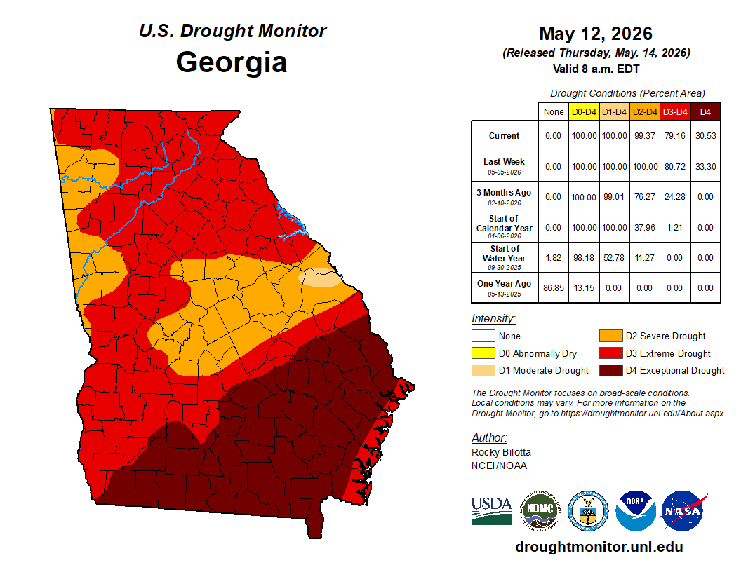 NWSAtlanta's tweet photo. ➡️Despite some beneficial rainfall for some last week, the most recent drought monitor shows very little improvement to the ongoing drought.
🌧️📈Looking ahead, rain chances do increase by midweek ahead of a front, but amounts look insufficient for sustained drought relief. #gawx https://t.co/ntVmJzhqg5