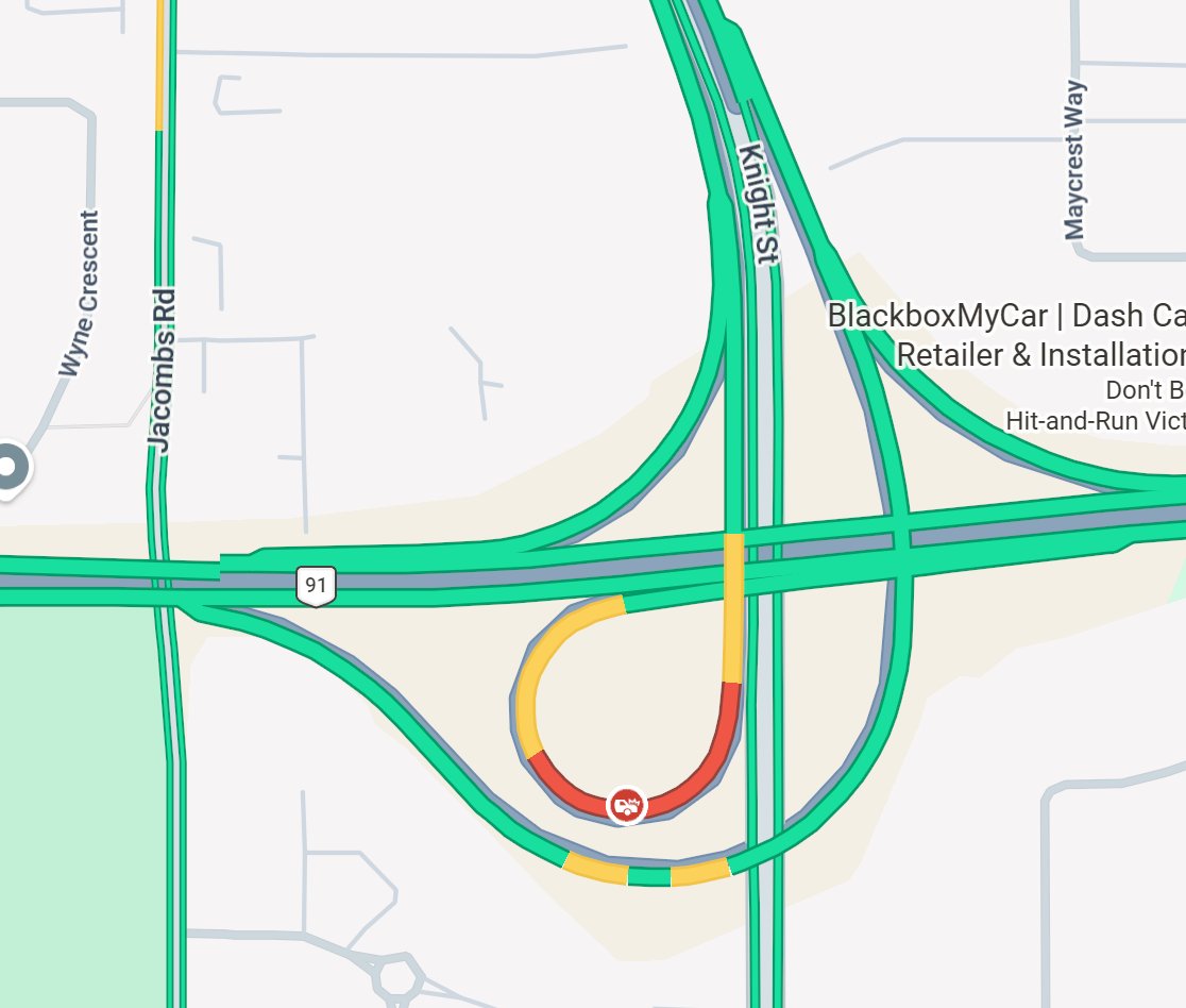 DriveBC's tweet photo. ⚠️#BCHwy91 - Vehicle incident eastbound partially blocking the merge lane from the #KnightStreetBridge southbound.
Pass with caution. #RichmondBC https://t.co/VXNnDRhwRH