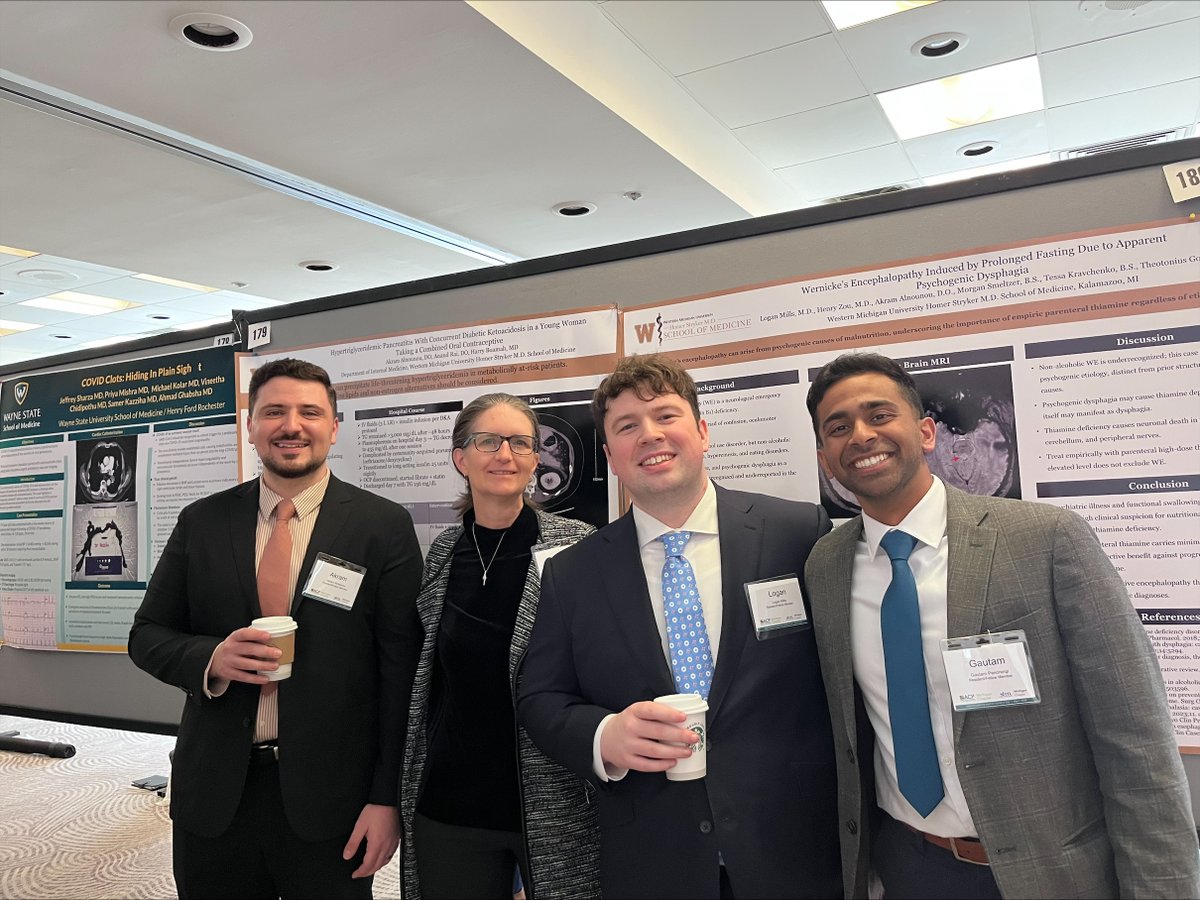 WMUMedicine's tweet photo. Earlier this month, Drs. Akram Alnounou, Logan Mills, and Gautam Pandrangi from the Internal Medicine residency program at #WMed, presented posters and participated in the Doctor’s Dilemma competition at the 2026 MI-ACP and SHM-MI Resident and Medical Student Day. Take a look https://t.co/Wv15bE7ILj