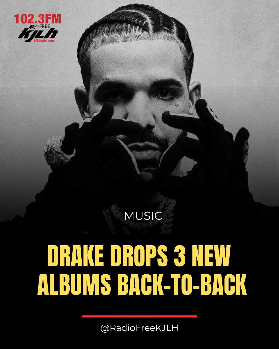 RadioFreeKJLH's tweet photo. #RadioFreeMusic Drake shook up the internet after dropping THREE albums back-to-back: “Habibti,” “Iceman,” and “Maid of Honour” 🎶🔥👀One thing for sure… Drake knows how to keep everybody talking. #RadioFreeKJLH #WeAreYou https://t.co/sciRBvhSpS