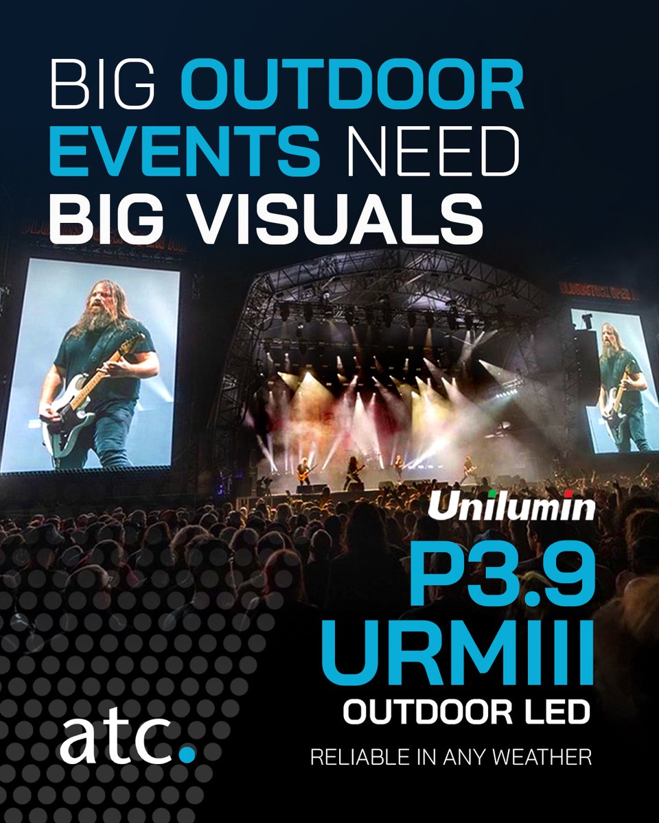 atcommunication's tweet photo. Summer events need screens built for the outdoors ☀️🎪

The @Unilumin P3.9 URMIII delivers ultra-bright visuals, IP65-rated reliability, fast setup &amp; flexibility for festivals, conferences &amp; live events.

Available to hire from ATC.

#LEDWall #OutdoorLED #Unilumin #AVHire https://t.co/k7j76frAbE