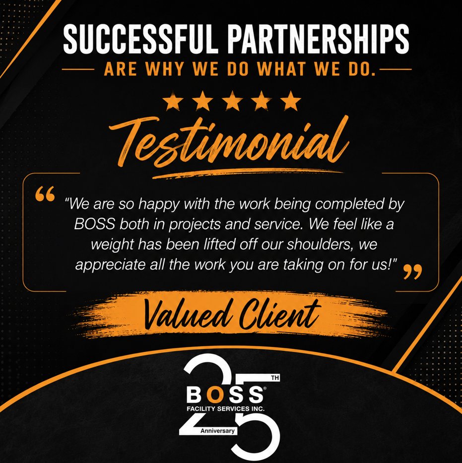 BOSSFSI's tweet photo. ⭐ Partnerships drive us! At BOSS Facility Services, we pride ourselves on responsive service &amp; reliable results. Thanks for trusting us as your nationwide facility partner—24/7/365. 

Cheers to 25 years of superior service! 🧡 https://t.co/7Z2JcN6OGC