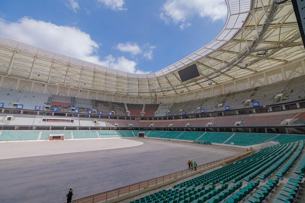 EricNjiiru's tweet photo. Talanta Stadium update:
▪️The stadium is 91% done, expected to be finalized by end of July 
▪️The three training pitches within the complex are at 87%.
▪️Pitch works at the main stadium are ongoing, with grass already planted and expected to fully mature within the next three months ahead of testing and stitching processes.
▪️Installation of the water fountain, landscaping, lighting systems, perimeter fencing, and power connectivity, are also advancing steadily.

Source: GoK