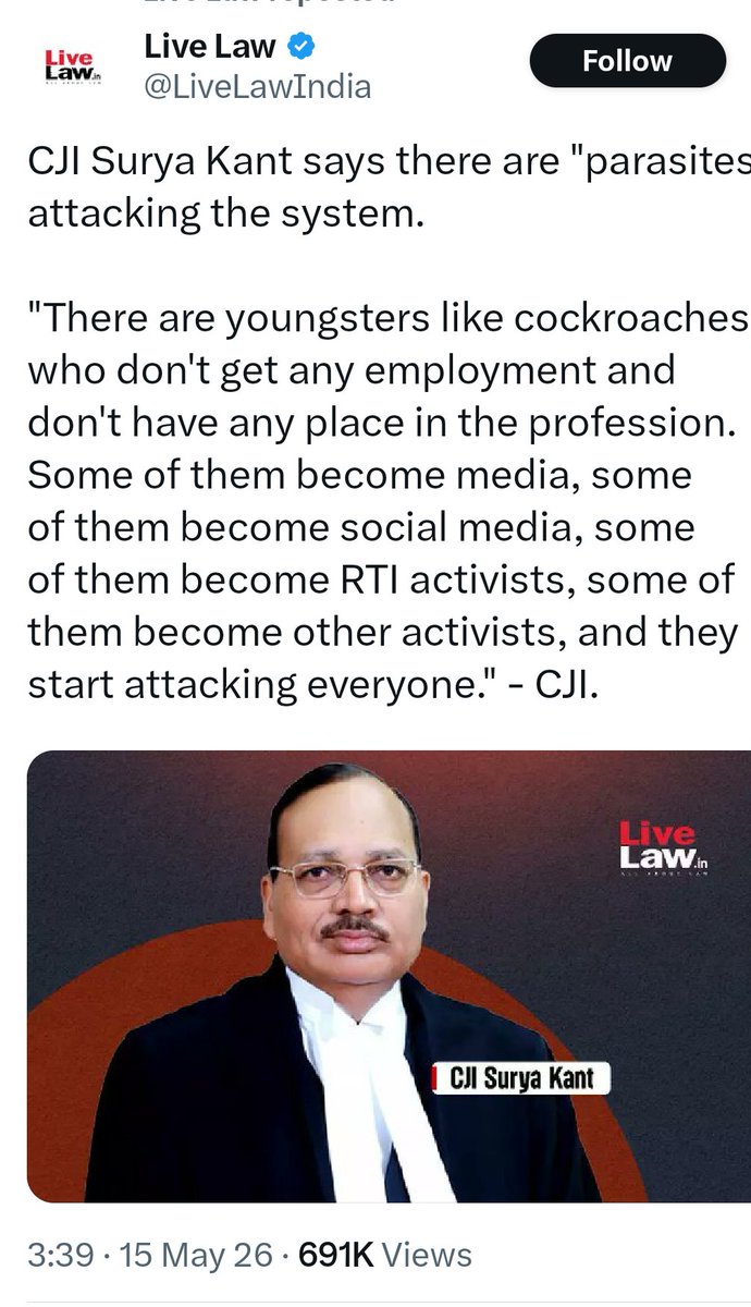 imra_mra's tweet photo. उल्टा चोर कोतवाल को डांटे...
I think the CJI reads my timeline because I use the word 'parasite' the most. Anyway, it is you and your courts that have taken the contract of creating an army of parasites. You are turning women into parasites.
#CRPC125
#HMA
#Section24
#PWDVA
#Alimony
Read the replies under this post by Live Law and see how much respect people in this country have for the CJI and the courts.
https://t.co/w9rKTNVuHK