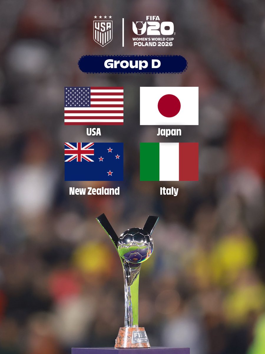 USYNT's tweet photo. Our group at the 2026 FIFA U-20 Women’s World Cup is set! 🏆

🆚 🇮🇹 - Sept. 6
🆚 🇯🇵 - Sept. 9
🆚 🇳🇿 - Sept. 12

Next stop: Poland ⏩ https://t.co/rVdu7y4GCC