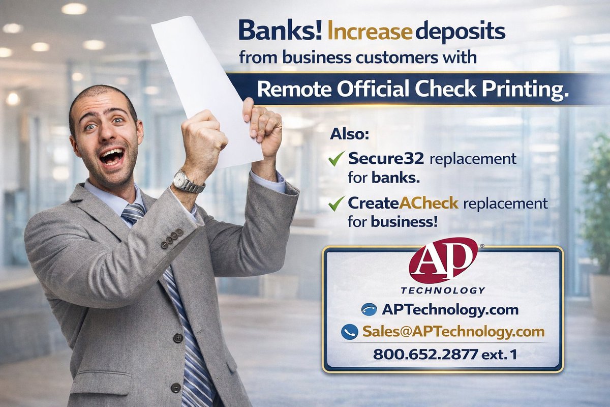 APTpay's tweet photo. #Banks, increase deposits from  #business customers with #RemoteOfficialCheckPrinting. Faster deal closes. Fewer trips to branches. Automated payment systems. #Secure32 and #CreateACheck replacement, too. Modernized payment issuance: https://t.co/D21jbEPlQ7 https://t.co/8u5x8A2FPB