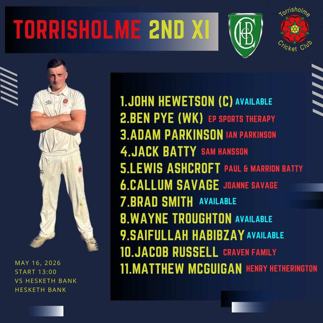 TorrisholmeCC's tweet photo. 🚨TEAM NEWS

Here are this weekends teams with the 1st XI at home in a local derby with Heysham CC at Boundary Meadow.

The 2nd XI will travel to Hesketh Bank with Jack Batty making his first appearance of the season.

#WeAreTCC https://t.co/6HlwbaXmjQ
