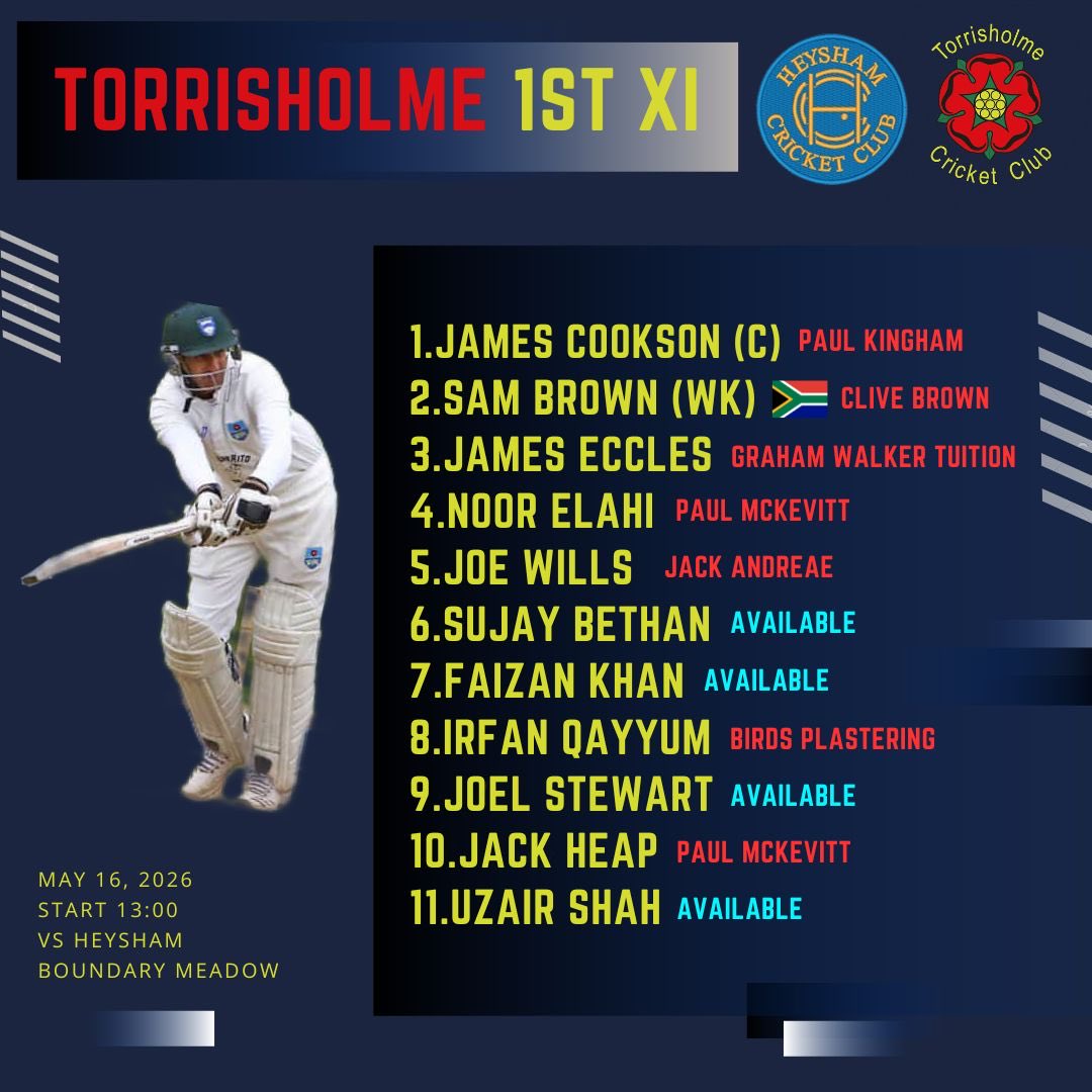 TorrisholmeCC's tweet photo. 🚨TEAM NEWS

Here are this weekends teams with the 1st XI at home in a local derby with Heysham CC at Boundary Meadow.

The 2nd XI will travel to Hesketh Bank with Jack Batty making his first appearance of the season.

#WeAreTCC https://t.co/6HlwbaXmjQ