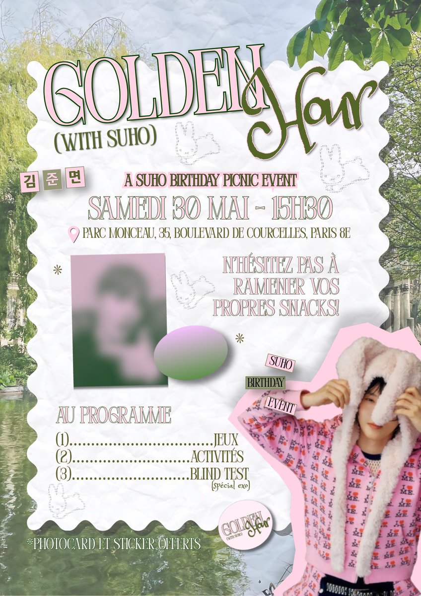 KaeulFrance's tweet photo. ✨ HELLO KAEUL

Les EXO-Ls, venez célébrer l'anniversaire de SUHO avec nous ! 

Pour notre premier événement picnic, rendez-vous 

Le Samedi 30 Mai :
⏱️ 15h30
📍PARC MONCEAU, 35 Bd de Courcelles, 75008. — Coordonnées GPS : 48,87995° N, 2,30991° E (Monument a Guy de Maupassant). https://t.co/nnA6ricCmh