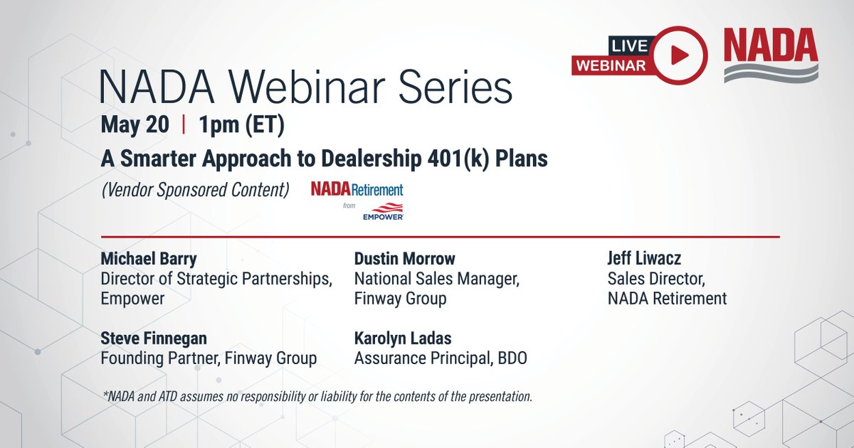 NADAUpdate's tweet photo. Join us on May 20 at 1pm (ET) for the webinar, "A Smarter Approach to Dealership 401(k) Plans" with industry experts Michael Barry, Dustin Morrow, Steve Finnegan, Karolyn Ladas and Jeff Liwacz  - register now: https://t.co/fYZbaEweCP

(Vendor Sponsored Content) https://t.co/UFY4LInrvc