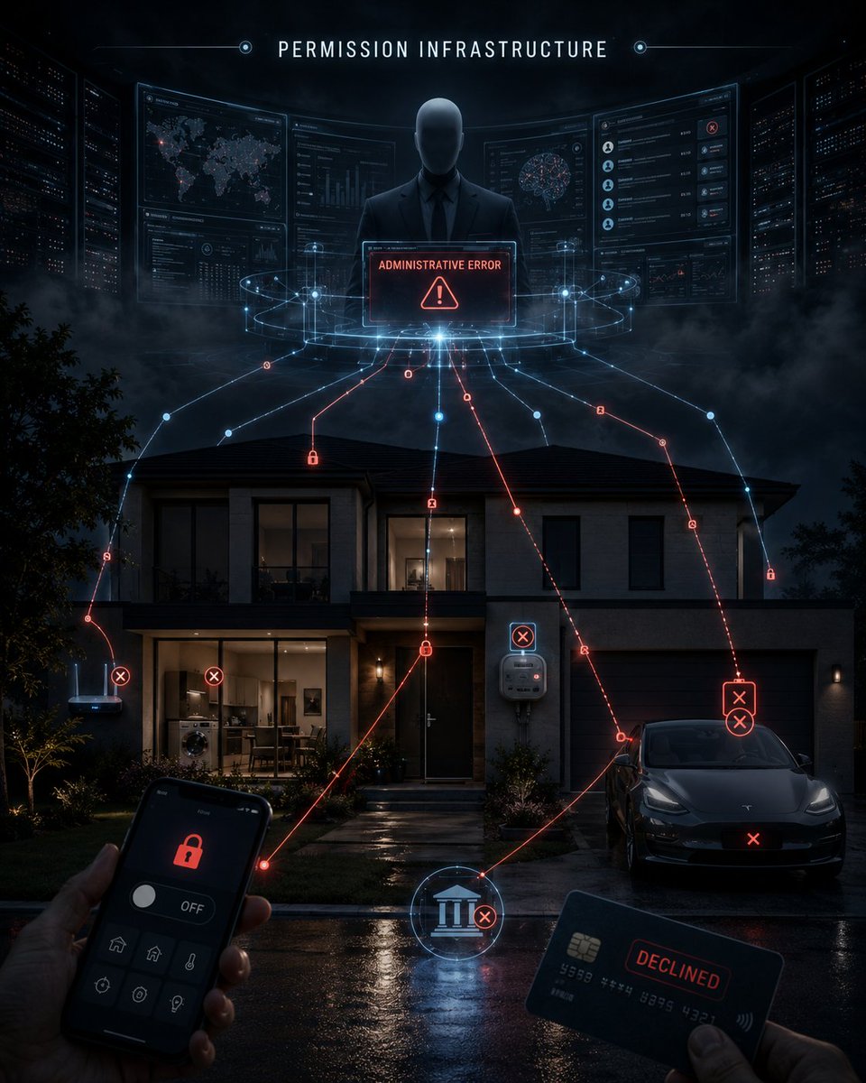 SimeonVale's tweet photo. What happens when the systems you depend on are controlled by people who do not share your values?

Not in some dramatic, movie-version of tyranny, but in the ordinary version that comes through policy, automation, and bureaucracy.

Your power gets limited because an algorithm flagged your usage. Your car will not start because your account status changed. Your payment will not process because a risk system labeled you. Your insurance rate jumps because your behavior profile changed. Your post disappears because an automated moderation tool classified it as harmful.

Then, when you try to fix it, no one can tell you who made the decision. It was not censorship, they say. It was a policy violation. It was not punishment. It was a safety protocol. It was not tyranny. It was an administrative error.

This is why embedded AI matters. It is being built into the physical systems we depend on: homes, cars, appliances, smart meters, routers, phones, medical devices, cameras, EV chargers, payment systems, and energy systems.

The danger is not a smart device by itself. The danger is the stack behind it. Sensors detect what is happening, local AI classifies the pattern, firmware enforces the rule, networks report the activity, cloud systems coordinate across devices, and central authorities can update the rules.

That turns ordinary life into a managed environment.

A device does not need to be malicious to become a control node. It only needs to sense, connect, receive updates, control a physical function, and allow someone other than the user to override it. At that point, ownership changes. You no longer simply own a device. You own hardware governed by someone else’s software.

This does not mean every smart device is evil or every use is malicious. Many uses will be convenient, efficient, and genuinely helpful. But once essential systems can be centrally updated, restricted, or shut off, the question changes.

Who controls the rules? Who can change them? Who can appeal? Who can opt out? Who owns the override?

Because if your power, car, bank account, speech, work access, or home systems can be restricted by invisible processes you cannot meaningfully challenge, then we are not just building better tools. We are building permission infrastructure.

And conditional freedom is not freedom.