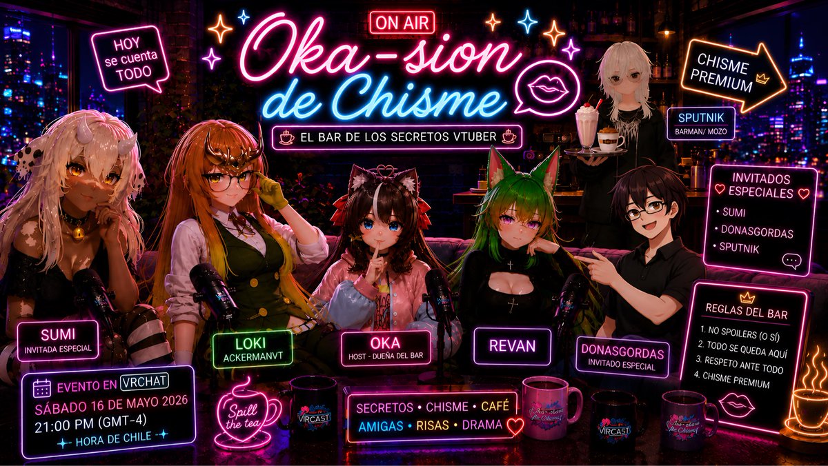 Oka_VT's tweet photo. ⭐️🤍 TUKIBARAS HOY ABRE EL BAR MÁS RANDOM DE VRCHAT!

🍸 Oka-sion de Chisme !~
El Bar de los Secretos VTuber ☕✨

🎙️ El menú es sorpresa:
Con Tukinvitados especiales ✨ 
🕘 21:00 CL
💖 Ven a esta oka-sion totalmente sana y nada funable™

👇🏻 Comenta tu tema y saldrá en directo! https://t.co/QHc3Gv9spz