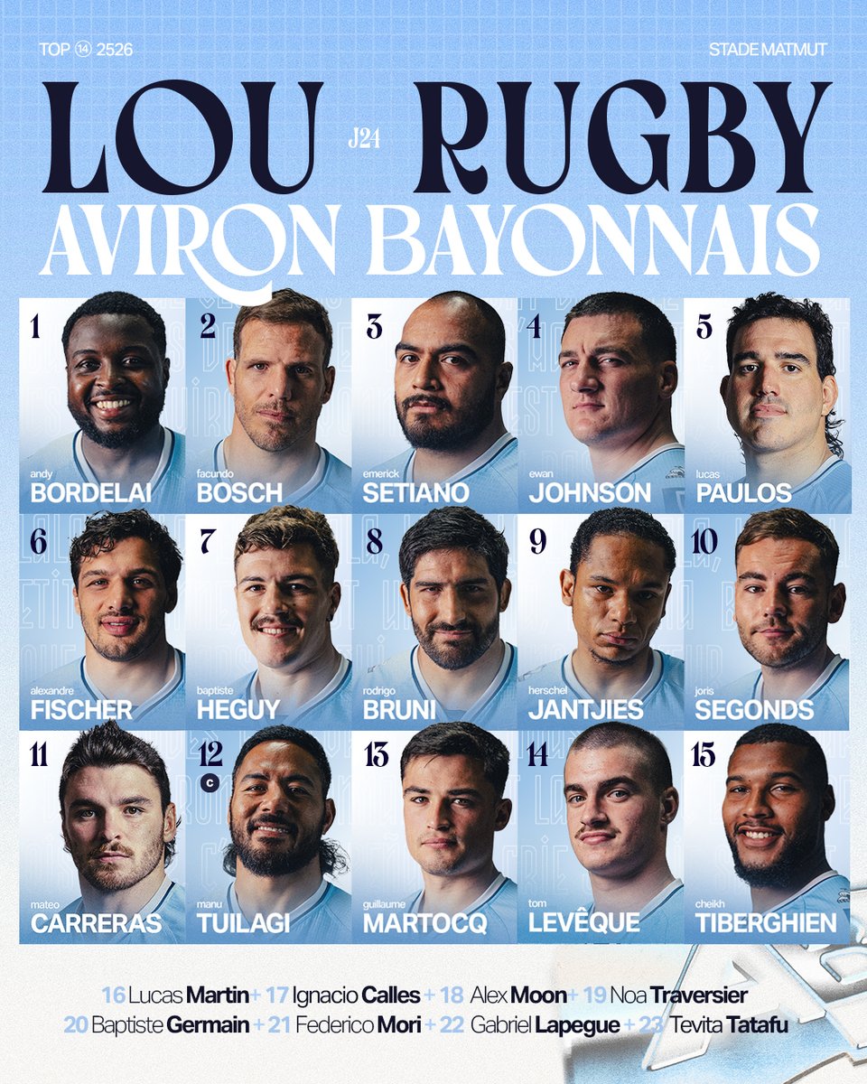 avironrugbypro's tweet photo. 𝗖𝗢𝗠𝗣𝗢𝗦𝗜𝗧𝗜𝗢𝗡 𝗝𝟮𝟰⚔️

La composition d’équipe pour ce déplacement à Lyon avec un coup d’envoi à 16h35. 
Tous derrière nos 𝗖𝗶𝗲𝗹 &amp; 𝗕𝗹𝗮𝗻𝗰 💪

#top14 #rugby https://t.co/PpR8K6Jt6A
