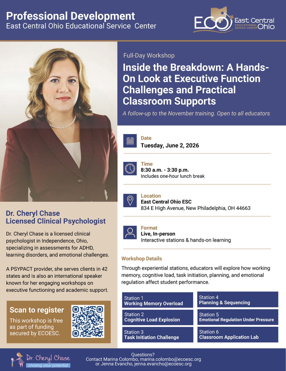 ecoesc's tweet photo. Free full-day workshop for educators! Join Dr. Cheryl Chase on June 2 for a hands-on look at executive function challenges and practical classroom supports. Register today at East Central Ohio ESC.

https://t.co/fAFmEdkG8E https://t.co/V0f0Tz8Hip