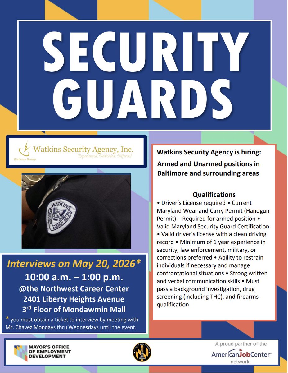 JobsBaltimore_'s tweet photo. Security Guard interviews this WEDNESDAY! Armed and unarmed positions open in Baltimore and surrounding areas. ✅

🗓️ May 20th
🕙 10am to 1pm 
✨ Pre-screen before on Monday, Tuesday or Wednesday at the NWCC. https://t.co/96n7QSbLaG