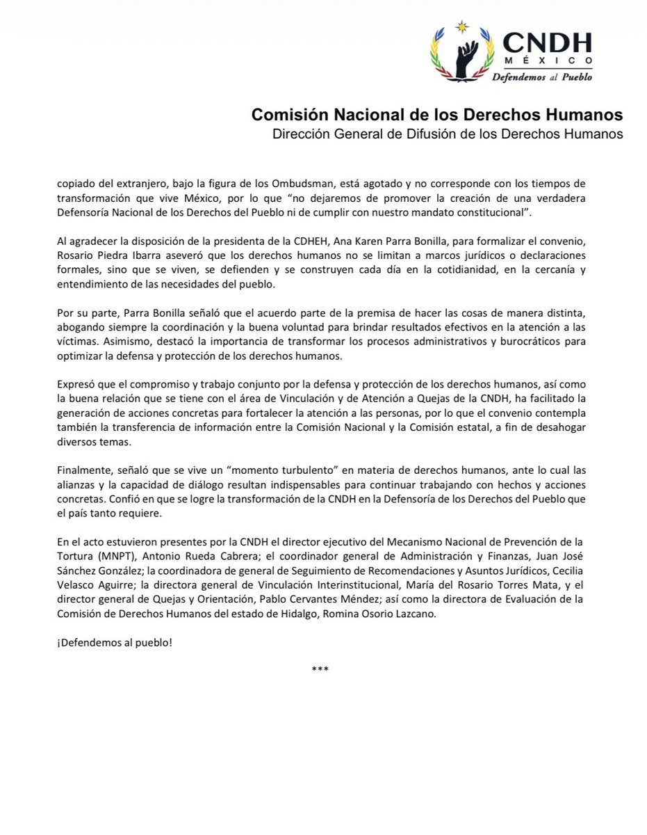 CNDH's tweet photo. Suscribimos un convenio con la Comisión de Derechos Humanos del Estado de Hidalgo. Establece las bases de colaboración para enfrentar de mejor manera los desafíos en la protección y defensa de los derechos humanos. 

#DefendemosAlPueblo https://t.co/in7qSUUIgo