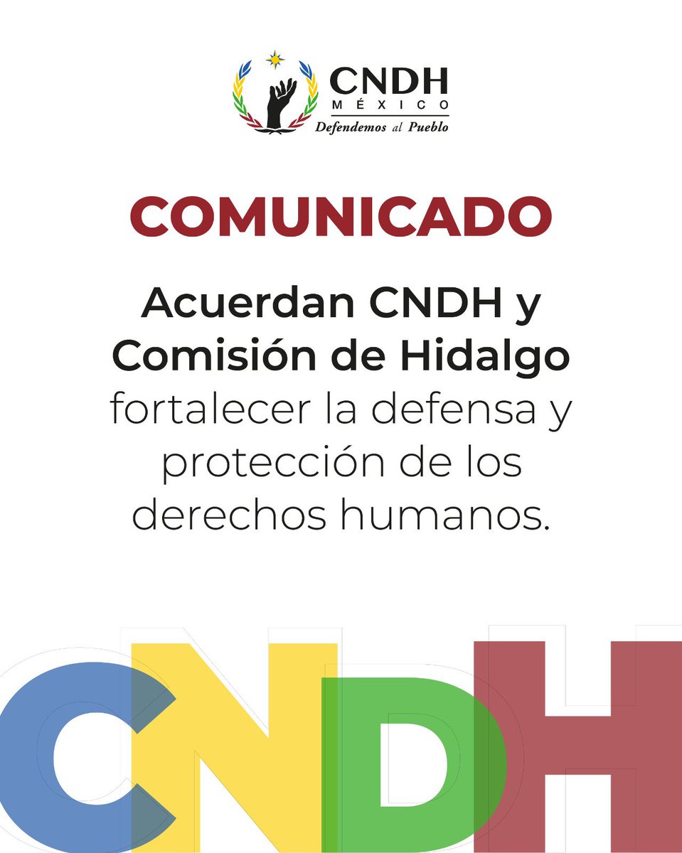 CNDH's tweet photo. Suscribimos un convenio con la Comisión de Derechos Humanos del Estado de Hidalgo. Establece las bases de colaboración para enfrentar de mejor manera los desafíos en la protección y defensa de los derechos humanos. 

#DefendemosAlPueblo https://t.co/in7qSUUIgo