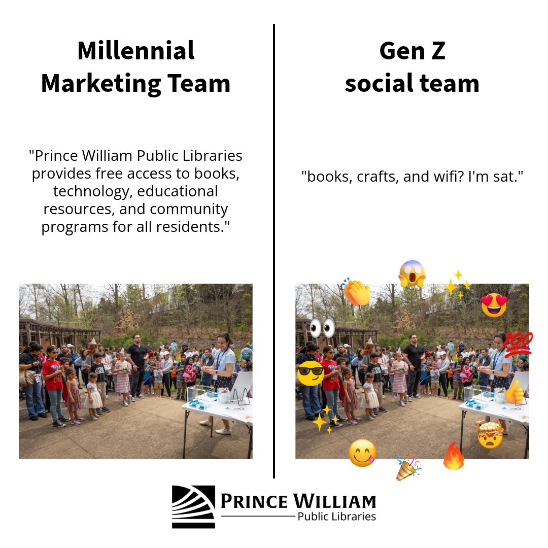 PrinceWmLibrary's tweet photo. one thing about libraries? we’re gonna provide resources AND vibes 😌
#libraryhumor #genz #millennial https://t.co/opmzBWm4WD