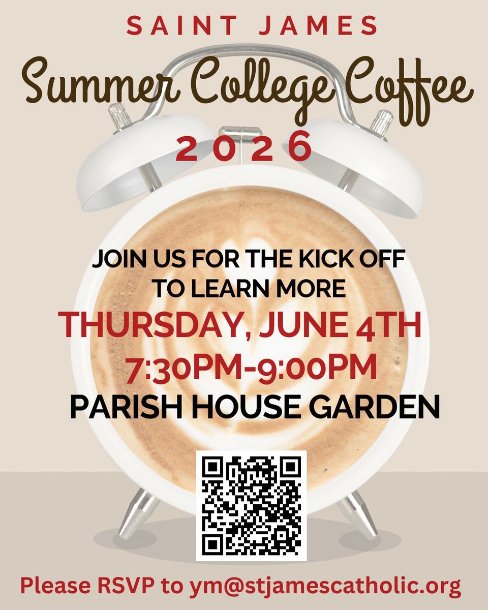 St_James_CC's tweet photo. Recently graduated seniors and college students home for the summer are invited to join us for the 6:30am Mass followed by coffee at Godfrey’s on Fridays this summer. Our kick off meeting is Thursday, 6/4, 7:30-9:00pm at the Parish House garden. RSVP to ym@stjamescatholic.org. https://t.co/XJdg2Z6SHH
