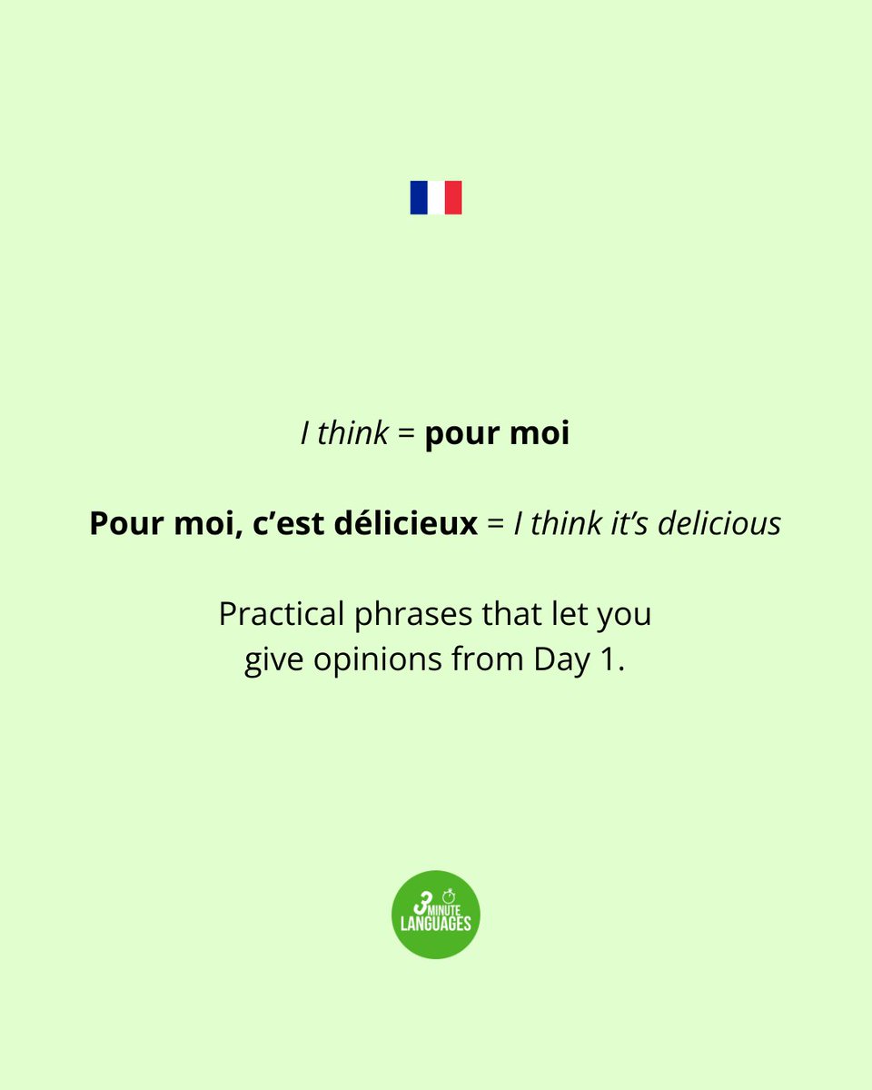 3MLanguages's tweet photo. Bonjour! 😊🇫🇷

“I think” = Pour moi.

“Pour moi, c’est délicieux” = I think it’s delicious.

Practical phrases that let you give opinions from Day 1.

👉 Learn with me: https://t.co/HSpYyUAw7T 

#LearnFrench #French #FrenchCourse https://t.co/EppNhEAUoY