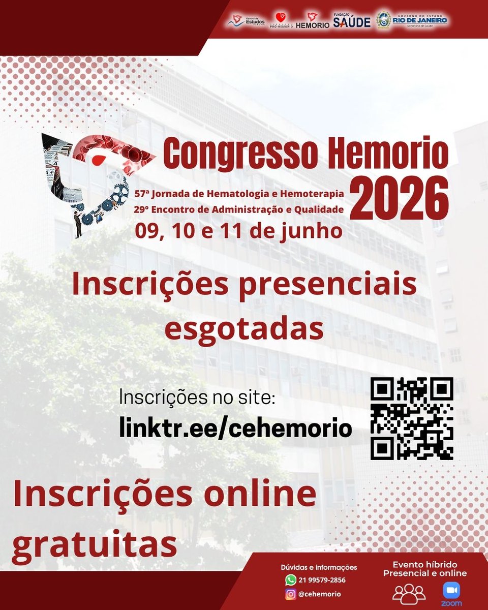 cehemorio's tweet photo. Congresso HEMORIO 2026

Vagas presenciais esgotadas!

Você ainda pode garantir sua vaga para a modalidade online e gratuita.

#CongressoHemorio2026 #Hemorio #EducacaoEmSaude #EnsinoHemorio #centrodeestudoshemorio https://t.co/kfQG9XxZ86