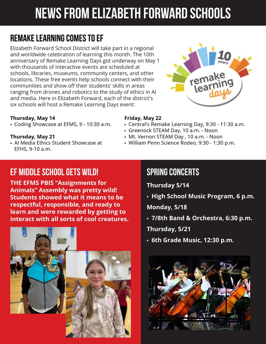 EFSDWarriors's tweet photo. Elizabeth Forward School District's Spring 2026 Newsletter is here! Dive into this update on all things EF as our Warriors close out the 2025-2026 school year. Read on for updates from all of our schools!  Details, here: https://t.co/3gN2CJlNO3 https://t.co/8vqekKTWCU