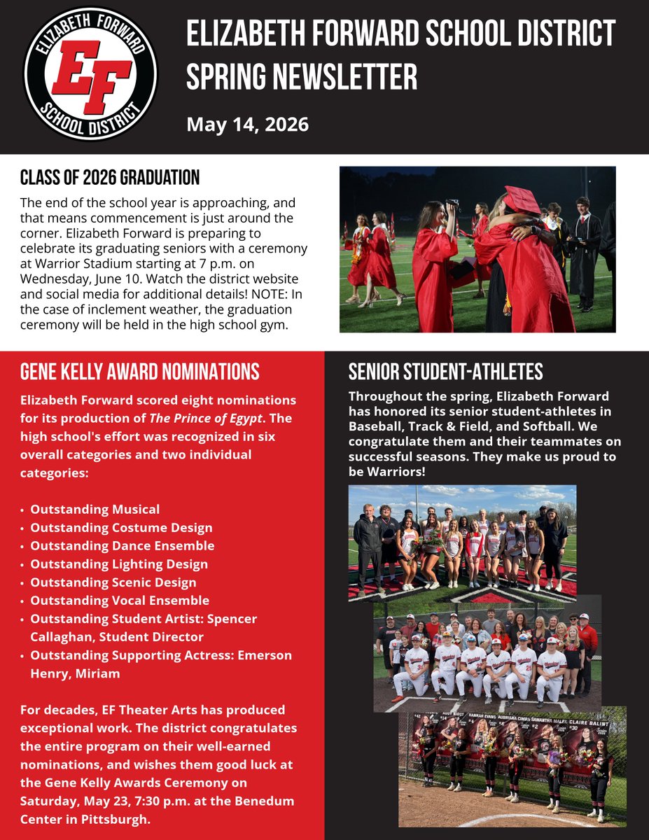 EFSDWarriors's tweet photo. Elizabeth Forward School District's Spring 2026 Newsletter is here! Dive into this update on all things EF as our Warriors close out the 2025-2026 school year. Read on for updates from all of our schools!  Details, here: https://t.co/3gN2CJlNO3 https://t.co/8vqekKTWCU