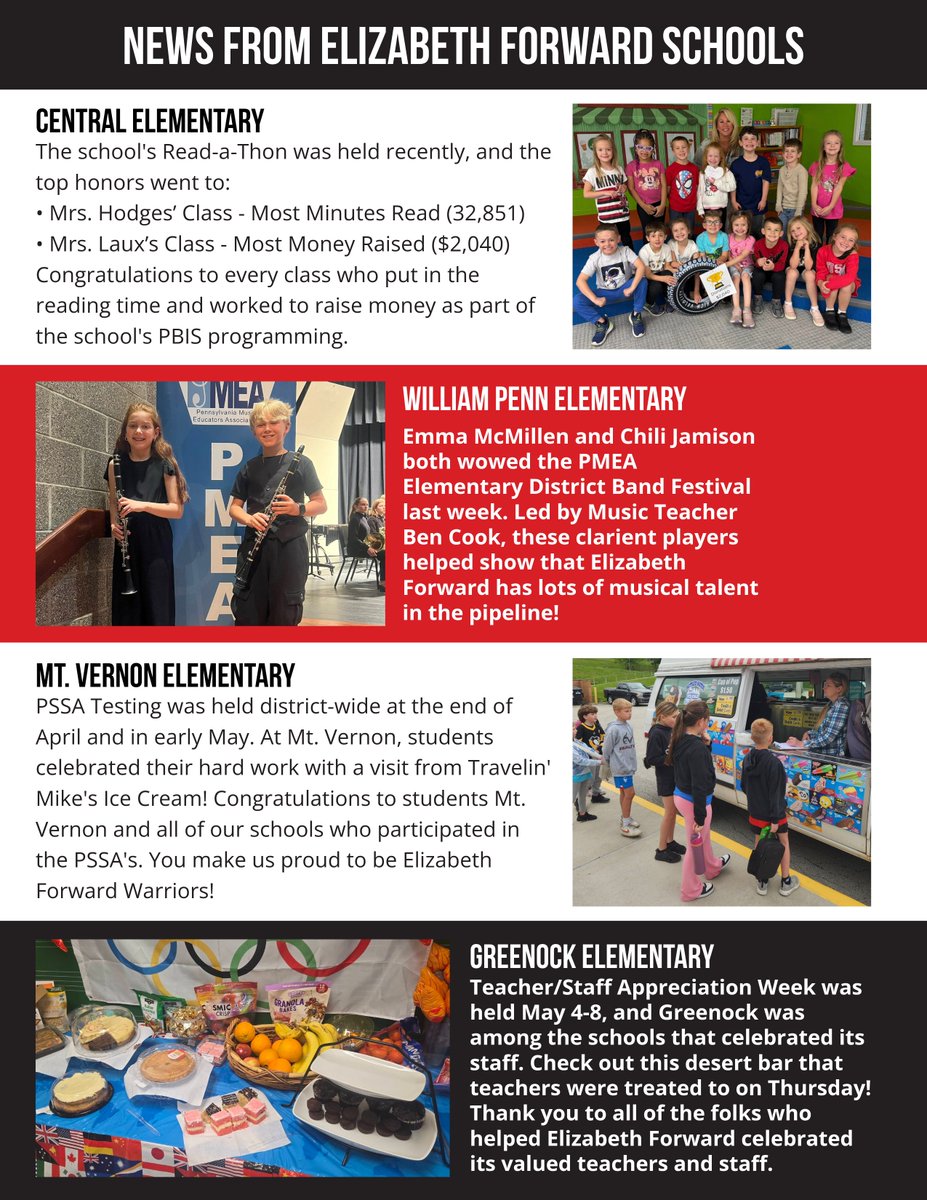 EFSDWarriors's tweet photo. Elizabeth Forward School District's Spring 2026 Newsletter is here! Dive into this update on all things EF as our Warriors close out the 2025-2026 school year. Read on for updates from all of our schools!  Details, here: https://t.co/3gN2CJlNO3 https://t.co/8vqekKTWCU