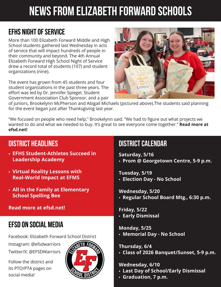 EFSDWarriors's tweet photo. Elizabeth Forward School District's Spring 2026 Newsletter is here! Dive into this update on all things EF as our Warriors close out the 2025-2026 school year. Read on for updates from all of our schools!  Details, here: https://t.co/3gN2CJlNO3 https://t.co/8vqekKTWCU