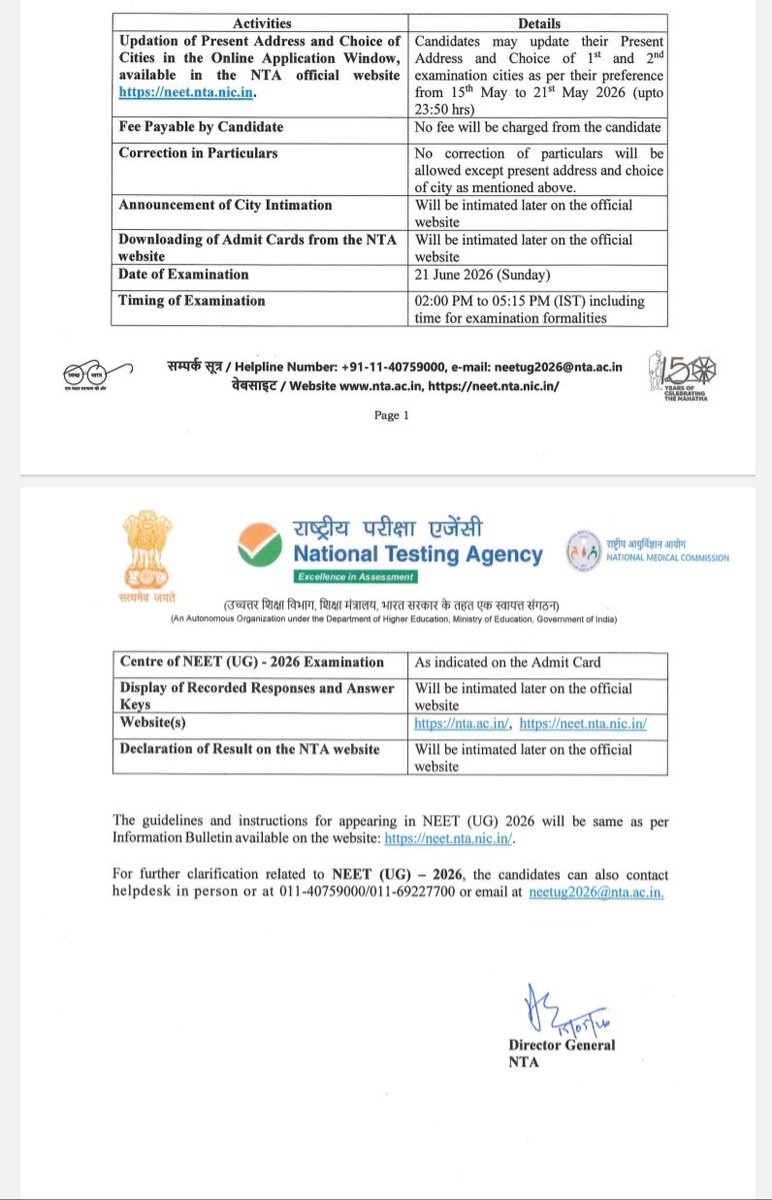 nta_updates's tweet photo. Conduct of Re-examination for NEETG 2026-Reg
The schedule of examination will as under :
#NEET #NEETUG #NEETUG2026 #ntaexams https://t.co/LnyNYdSTNX