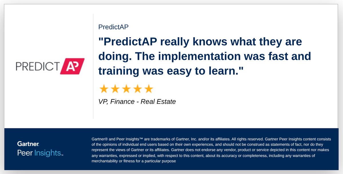 PredictAp's tweet photo. ⭐⭐⭐⭐⭐
"We have not had a bad experience with PredictAP. Very knowledgeable, quick to respond to issues and quick to resolve."

Schedule a call for a peek at the platform: https://t.co/nOq5VB5ue2 

Check out the full review on @Gartner_Peer Insights: https://t.co/4g4Akre5Kf https://t.co/ua3f2lS3vp