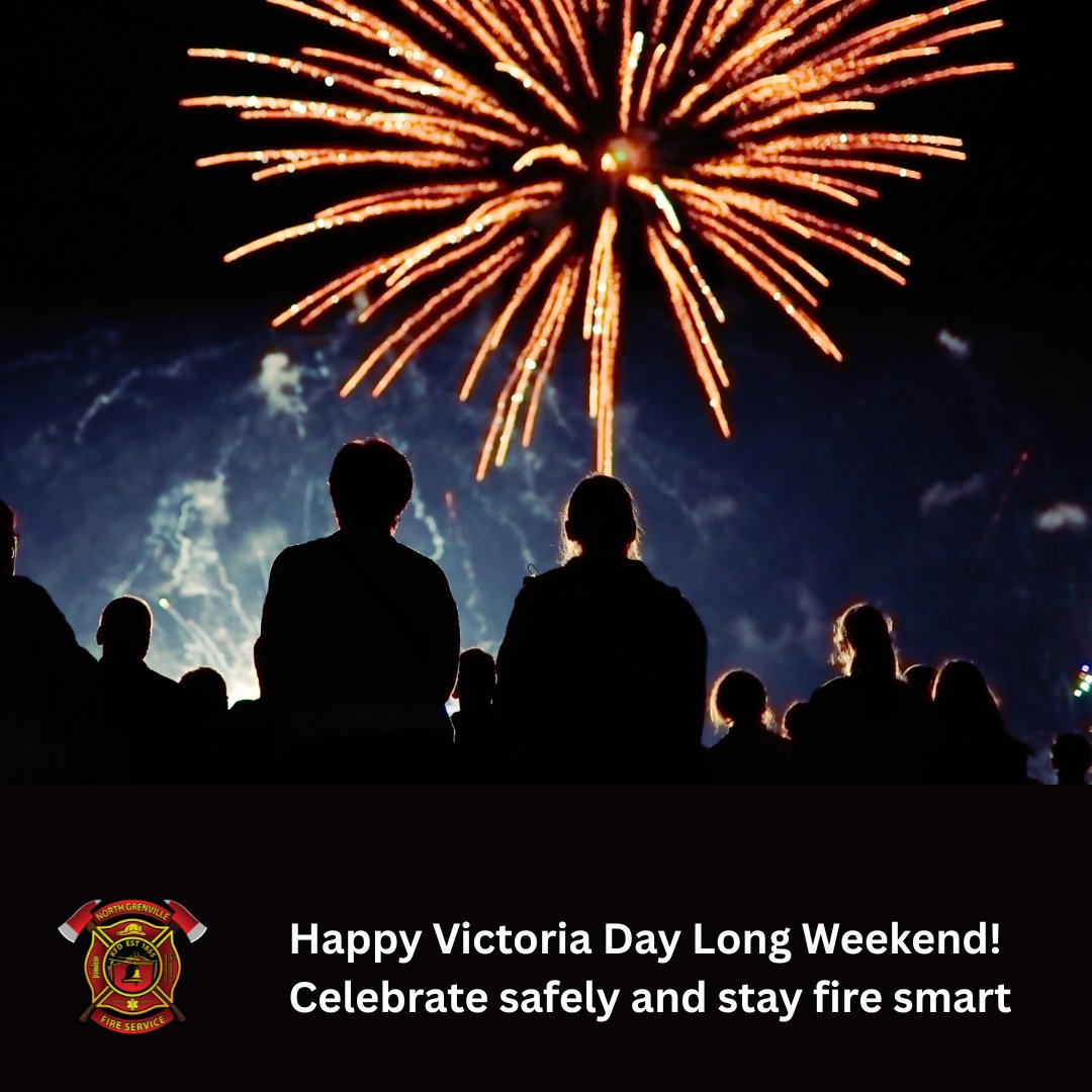 NG_FireService's tweet photo. 🎆 Celebrate Victoria Day safely, North Grenville!
🎇 Use fireworks only in open areas &amp; keep water nearby
🚫 Check burn bans/permits &amp; ALWAYS call before you burn: 613-706-1770
🍔 Never leave BBQs unattended
🔥 Test smoke &amp; CO alarms wherever you’re staying 🚒 https://t.co/RthA4giAWq
