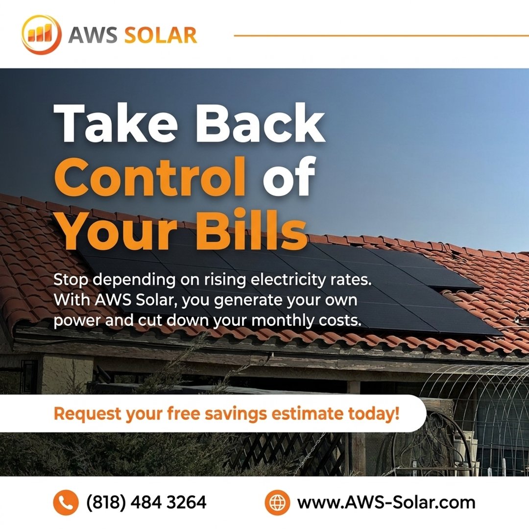 AWS_Solar's tweet photo. Take back control of your bills with a solar solution designed for your home. Generate your own power and cut down monthly electricity costs with AWS Solar. #SolarEnergy #EnergySavings #SoCalHomeowners #AWSSolar https://t.co/ZDZ3BVm2JH