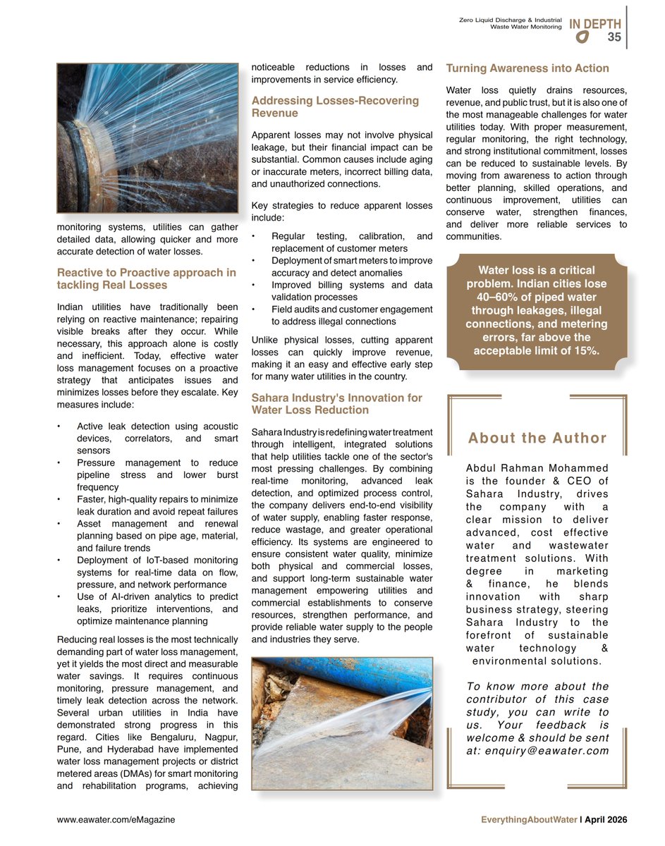 SaharaIndustry's tweet photo. @ea_water latest edition has article of CEO, @SaharaIndustry Mohammed Abdul Rahman, on #WaterLoss thru smart technologies, AI-driven monitoring, sustainable water treatment systems.
#WaterManagement #WaterTreatment #LeakDetection #WaterLoss #WaterLossManagement #NonRevenueWater https://t.co/XsQNp1iyKV