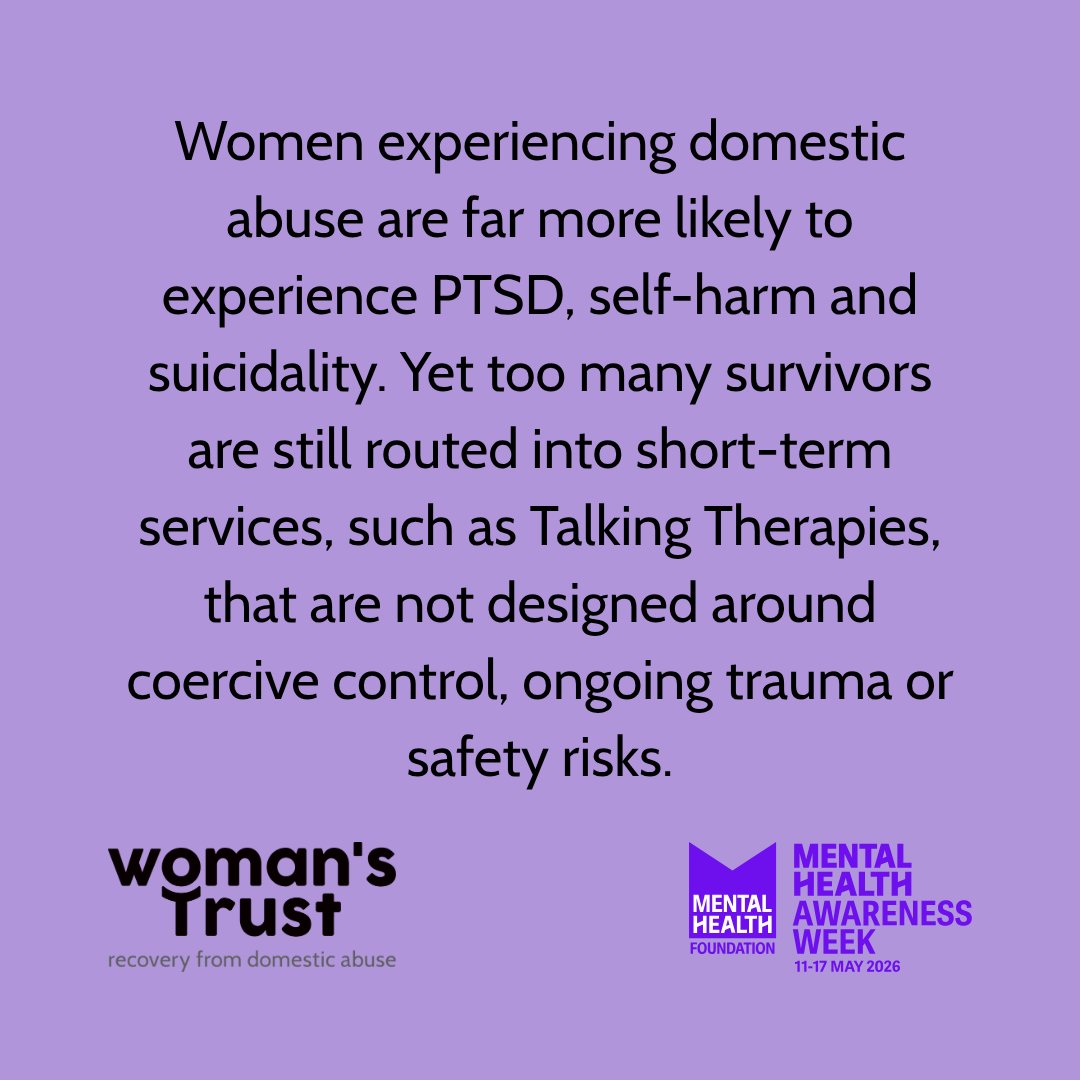 womanstrust's tweet photo. As the Government launches its Call for Evidence to shape its Mental Health Strategy, there is a critical issue that cannot be overlooked: domestic abuse is a specialist trauma issue - and survivors need specialist mental health support @DHSCgovuk 
See: https://t.co/3uQNjcM2W1 https://t.co/SuFqqbgA2R