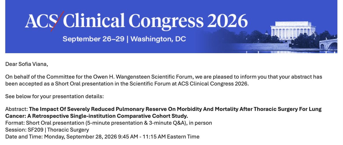 Sofia_WViana's tweet photo. Another year going to #ACS 

This time with 2 oral presentations 🫁

See you at #ACS2026!
@AmCollSurgeons 

@rvanharen @amr0wafi 

#MedTwitter #ThoracicSurgery https://t.co/XQSrLTZgNf