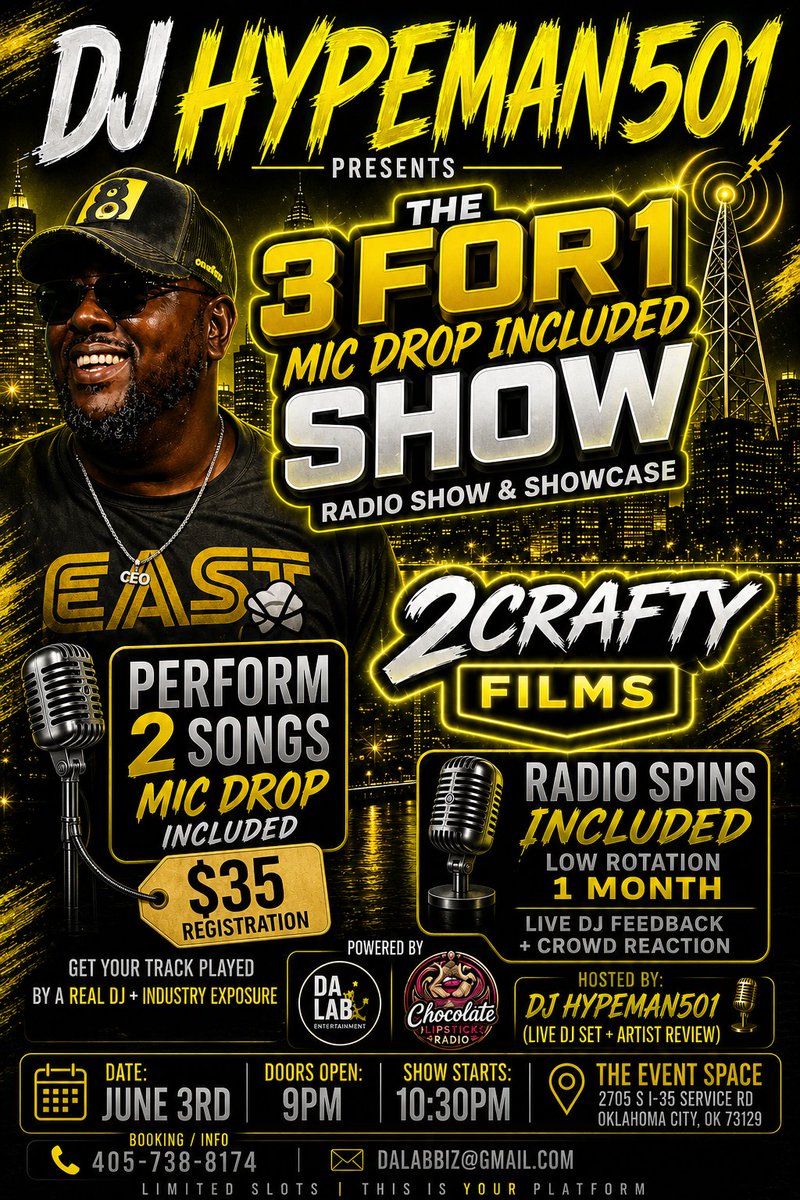 hypeman501's tweet photo. 🚨OKC IT’S GOING UP JUNE 3RD🚨
Pull up to the 3 For 1 Mic Drop Included Show &amp; Radio Showcase hosted by DJ Hypeman501 🔥🎤
Artists this is YOUR chance to get: 🎶 Perform 2 Songs
📻 Radio Spins Included
🎧 Live DJ Feedback + Crowd Reaction
📈 Real Industry Exposure https://t.co/xNgMzHO654