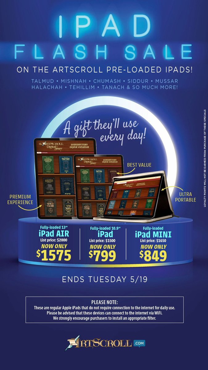 artscroll's tweet photo. 📣 ArtScroll iPad FLASH SALE!!

💥 Lowest price EVER on the iPad Mini!! 
💵 Save $800!
✈️ Perfect For Travel!

🛍️ Get the iPad now on sale: https://t.co/V0OYOHLC3C

⏳ Sale runs now until this Tuesday night!! https://t.co/nSNEr0Vewg