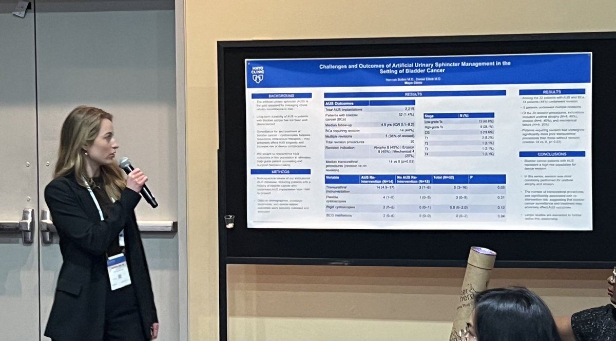 MayoUrology's tweet photo. 👏Excellent presentations today by Hannah Botkin, MD at #AUA26! 
"Challenging the Paradigm of Artificial Urinary Sphincter Revision" &amp; "Challenges and Outcomes of Artificial Urinary Sphincter Management in the Settings of #BladderCancer" 
@AmerUrological @so_uro https://t.co/V7wvX6Lcmy